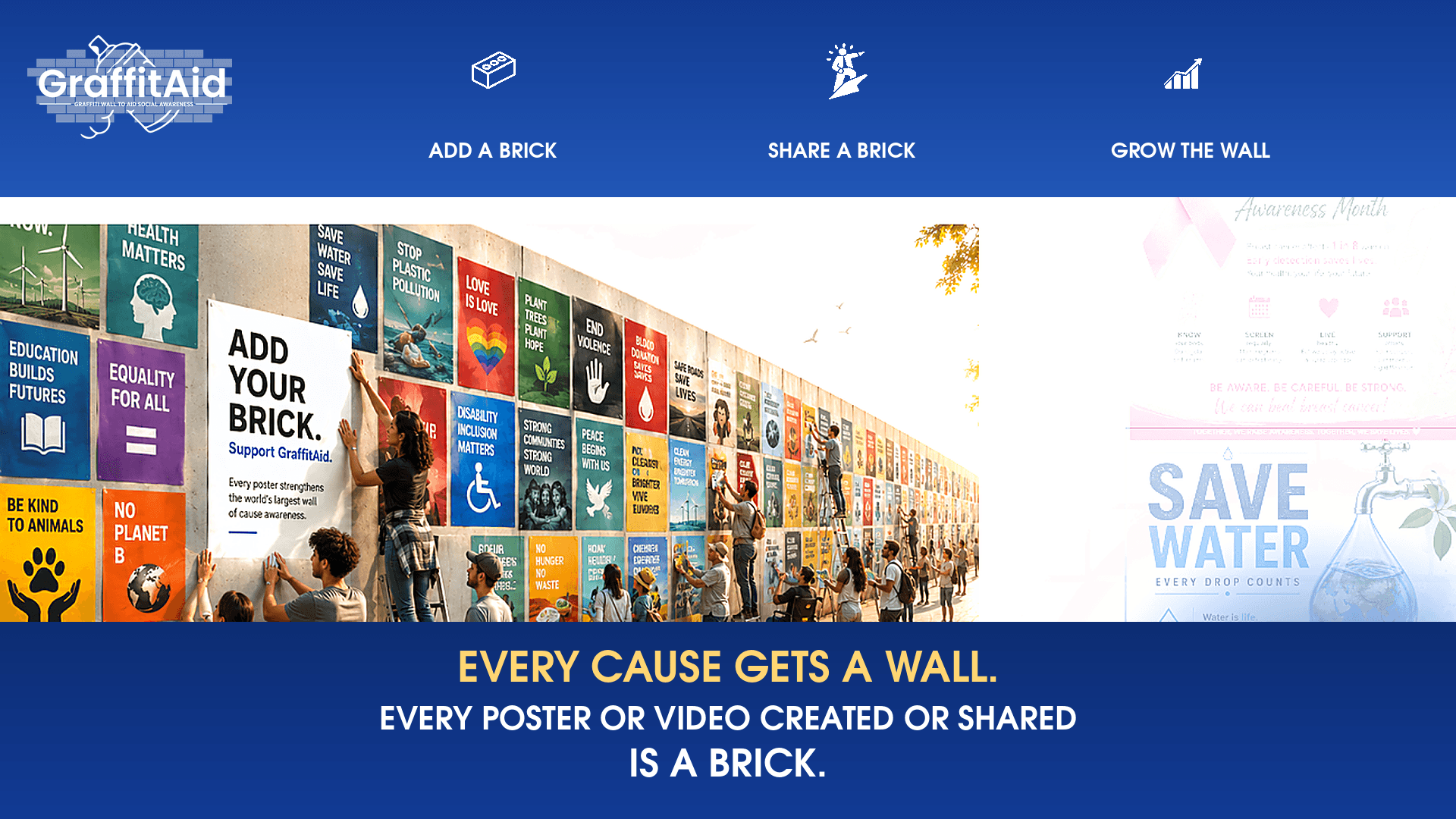 GraffitAid™ YouTube channel banner showing the complete cause-awareness wall, people and action graphics